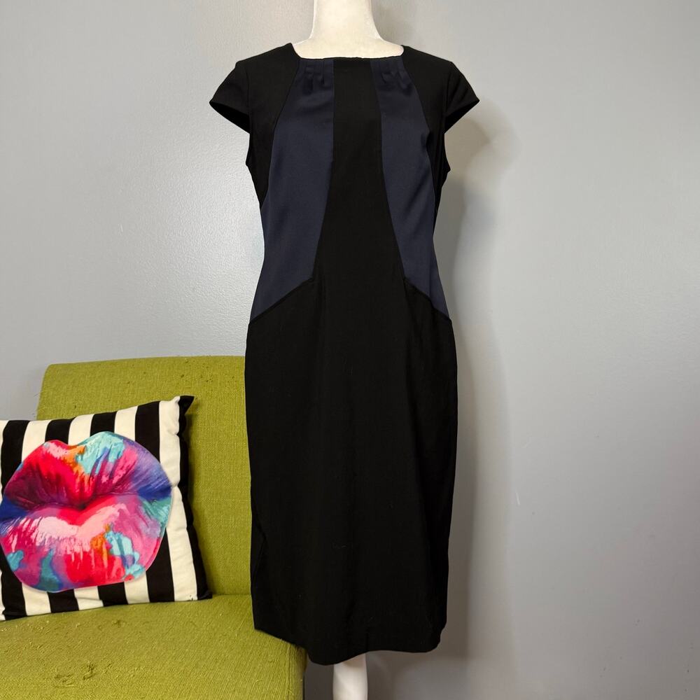 Ann Taylor Black Blue Wool Knee Length Sheath Dress 8 Work Cocktail